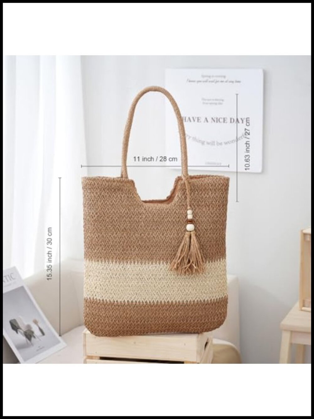 Woven Straw Tote Bag for Women Large Beach Shoulder Purse Summer Vacation - Picture 3 of 6